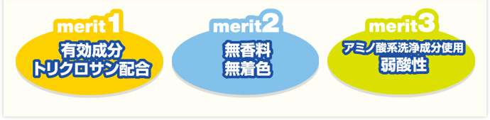 merit1有効成分トリクロサン配合 merit2無垢料無着色 merit3アミノ酸系洗浄成分使用 弱酸性